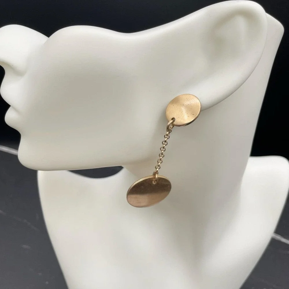 Contemporary Gold-Tone Classic Round Link Chain Double Disc Drop Dangle Earrings